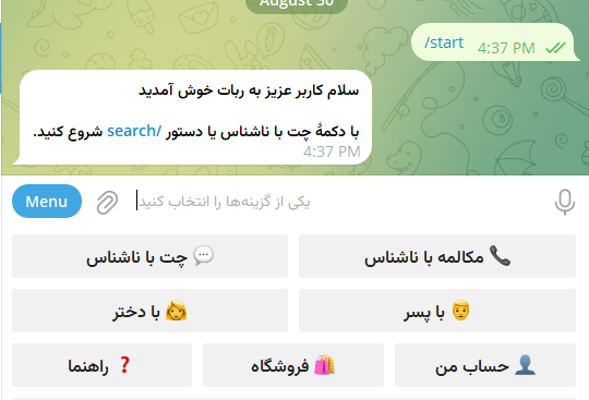 منوی اصلی ربات چت ناشناس با دکمههای چت ناشناس و مکالمه صوتی