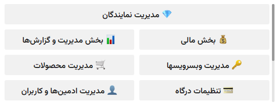 پنل مدیریت ربات خدمات مجازی با بخشهای مالی، محصولات و وبسرویسها